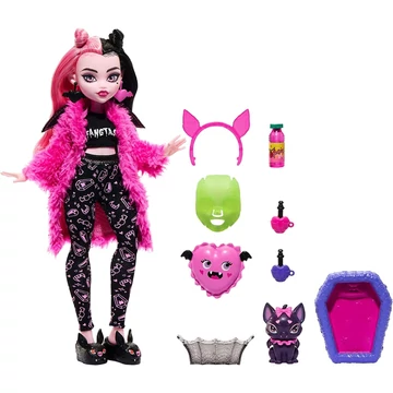 Monster High baba Draculaura kiegészítőkkel és kisállat denevérrel (alvós party)