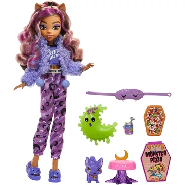 Monster High baba kiegészítők, Clawdeen Wolf / Farkas lány baba Pet Cat félholddal (alvós party)