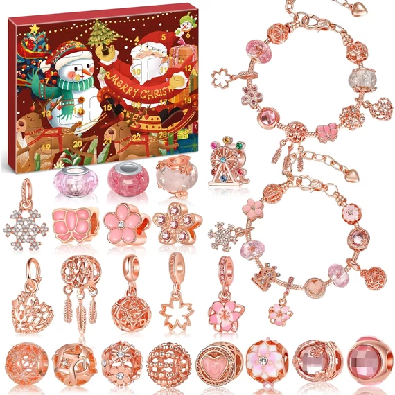 Karácsonyi karrakteres ékszer Adventi kalendárium, naptár szett 24 darabos (rose)